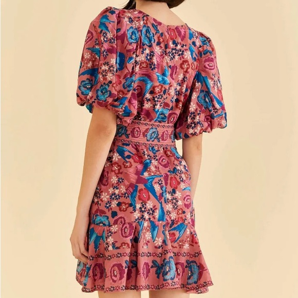 $210 FARM RIO Blush Floral Birds Mini Dress - Picture 3 of 3